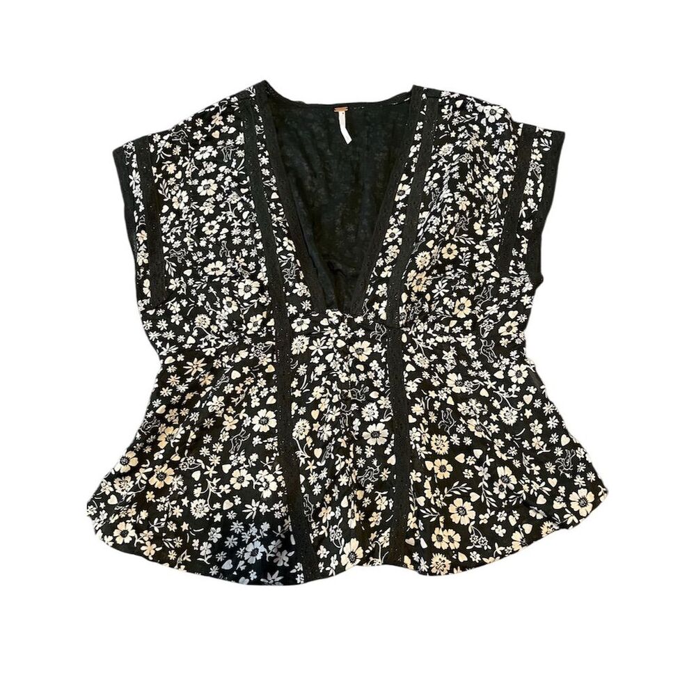 Free People Women's Floral Lace Blouse Size L Multicolor Short‎ Sleeve